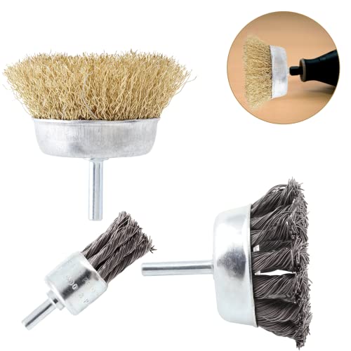 Image of 6PCS Cup Wire Wheel Brush Set, 3 Inch Carbon Steel Knotted Cup Brush and Brass Coated Crimped Wire Drill Brush Set, 1 /4 Inch Shank Brush Kit Rotary Buffing Brush Wheel, Rust Removal Tool Set