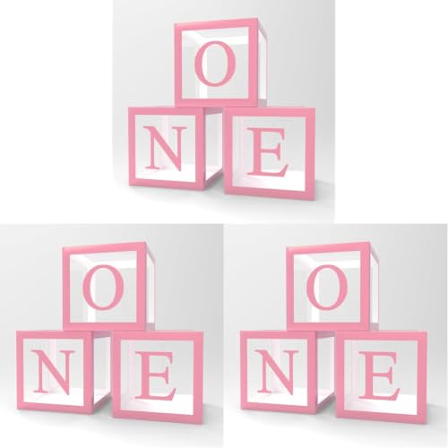 Image of Rozi Decoration Pink Number 1 Balloon Box Set of 3 | 11.8 inch First Birthday Decor Boxes for Baby Girl | 1st Birthday Party Supplies with Clear Window & Letter Cutout (Pack of 3)