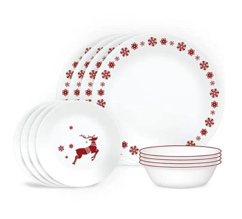 Winter Holiday 12-Piece Round Dinnerware Set With Stone-Smooth Feel, Modern Dinner Set For Dessert, Salad And Soup | Durable Triple Layer Glass | Lightweight Plates And Bowls Set (Rudloph) #TOP29