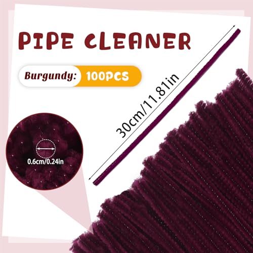 Image of 100 PCS Pipe Cleaners Bulk Craft Suppies Wine Red Pipe Cleaners | Chenille Stems Craft Pipe Cleaners for Crafts Cleaning Flower Making Festival Decorations