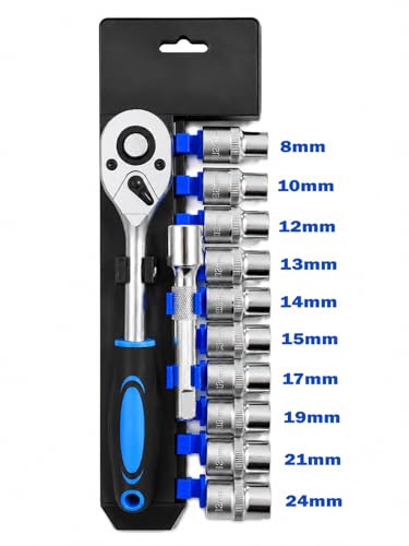 Image of Inditrust 12 in 1 Heavy Duty 1 /2 Inch Socket Set | Chrome Vanadium Steel Ratchet Socket Wrench Spanner Kit | Soft Grip Handle | 12Pc Hand Tool Kit for Car Bike Mechanic Garage & Home Repair