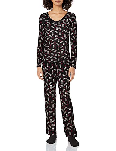HUE Women's Mini Character Printed Rayon Tee and Pant 3 Piece Pajama Set, Black - Snow Chaser Snowflake, Small