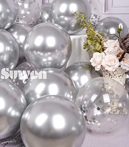 Image of SUWEN Silver Metallic and Confetti Balloons Set 47PCS Latex Helium | Chrome Silver Balloon for Birthday Graduation Anniversary Party Decorations