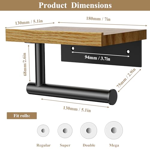 Image of Tindbea Toilet Paper Holder with Wood Shelf, Wooden Wall Mount Tissue Roll Holder, Matte Black Stainless Steel Bathroom Accessories Decor for Household Home Apartment Restroom Essential (Red Oak)