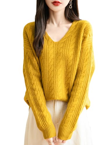 Image of Chanyarn Women's V Neck 100% Merino Wool Oversized Sweater 2025 Fall Winter Vintage Cable Long Sleeve Knit Sweater