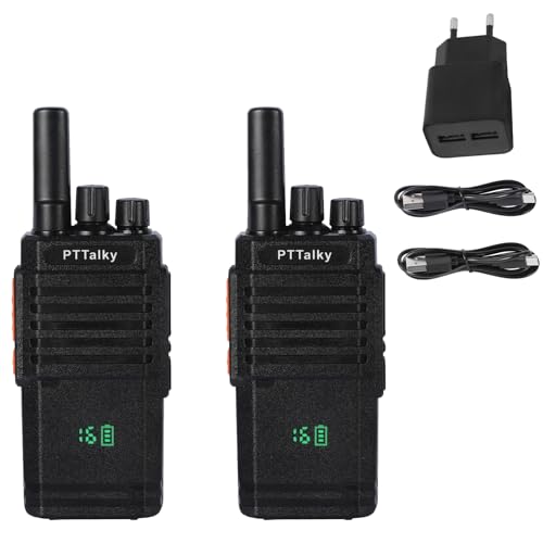 Walkie Talkie PTTalky PR2 Plus,PMR 446 Licencia Libre,16 Channels Radio Largo Alcance,USB C Walkies Profesional, con Display VOX Walkie Talkie,para Comercial, Hotel(Negro, 2 Piezas)
