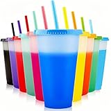 Juego de 8 vasos de plástico con tapa bajan a un precio increíble 10 Piezas de Vasos Reutilizables de Plastico de 710 ml Sin BPA, con Tapas y Popotes, Cambia de Color con Agua Fria, Vasos...