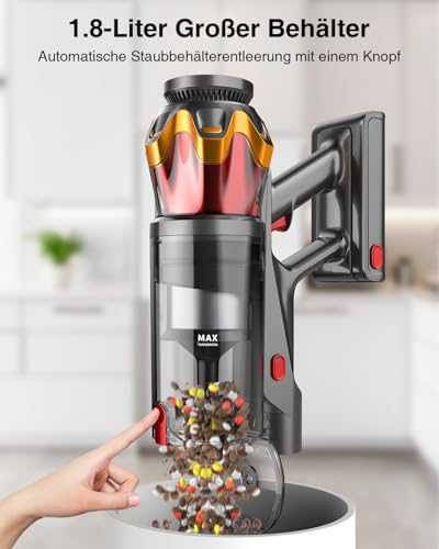 Akku Staubsauger 48000Pa/580W/65Min, 1,8L Staubsauger Kabellos mit Display, Anti-Tangle-Bürste, Selbststehend, Wandladestation, 8-Schicht-Filtration, Ultraleise, für Tierhaare/Teppiche/Hartböden/Auto - 8