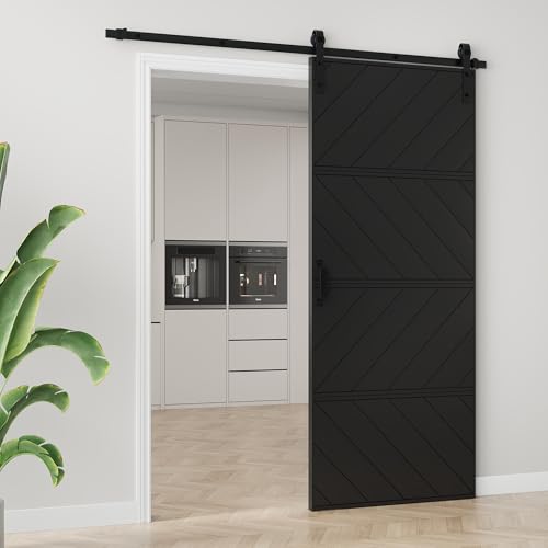 Image of 36 inchx84 inch Black Barn Door with 6.6FT Sliding Door Kit & Handle & Floor Guide | Pre-Drill Holes Easy Assembly & Install Required, Solid Core Wood Sliding Barn Door for Water-Resistant & Sound Reduction
