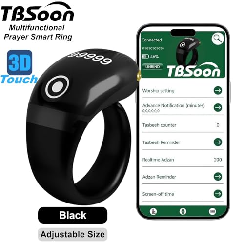 Image of Lightweight Tasbih Smart Ring, Tasbeeh Counters,Prayer Direction Indicator Guide,5 Azan Alarm Clock,Forgiveness,Electronic Rosary,Eid al-Fitr Eid al-Adha Ramadan Gift for men women-Black Pro with APP
