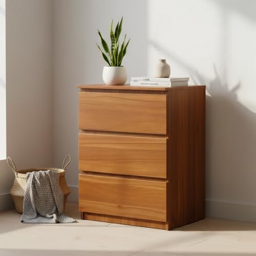 Image of Amazon Brand - Solimo Eden 3 Drawer Cabinet ? Leon Teak | Modern Wooden Storage Organizer | Compact Bedroom & Living Room Furniture (L60 x W40 x H75.5 cm)
