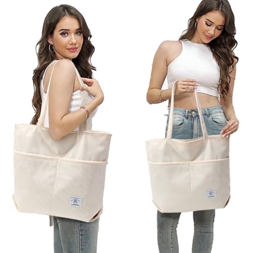 Image of KALIDI Women Corduroy Tote Bag Zipper Casual Tote's Handbag Big Capacity Shoulder Bag with Pockets