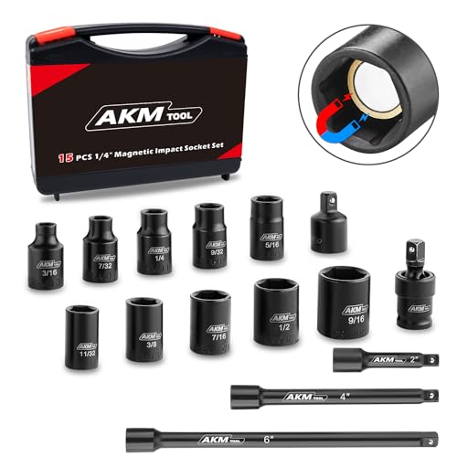 Image of 1 /4 Inch Drive Magnetic Impact Socket Set, 15-Piece SAE, 1 /4 Inch-9 /16 Inch, 6 Point, Cr-Mo, Square Drive, Magnetic Socket with Impact Socket Adapter, Universal Joint & Extension