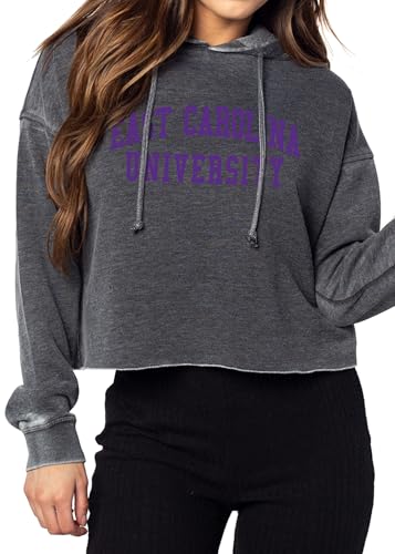 chicka-d Women's Relaxed Dropped Shoulder Cropped Fleece Hoodie NCAA Classic Arch Over Team Color, East Carolina Pirates, Charcoal, X-Large