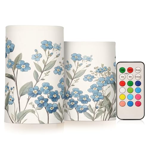 Image of Blue Flowers Leaves Painting Flickering Flameless Candles LED Battery Operated with Remote Timer Pillar Candles for Home Birthday Wedding Christmas Decor, Set of 2