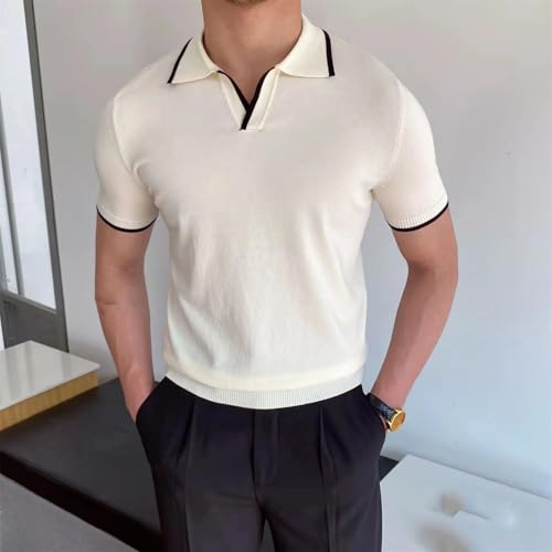 Men Short Sleeve Turn-Down Collar Patchwork Soild Casual Knitted Sweaters2