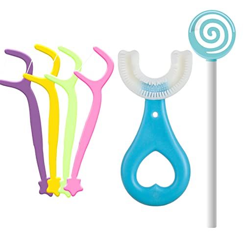 Juego de cepillos de dientes para niños en forma de U 360°, incluye 1 cepillo de dientes, 1 exfoliante de lengua para niños, 4 varillas de hilo dental, (azul) Cover