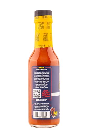 Image of Hot Ones The Classic Garlic Fresno Edition Hot Sauce Made With Natural Ingredients & Bold Flavors From Fresno Chile Peppers & Extra Garlic, 5 fl oz Bottle (1-Pack)