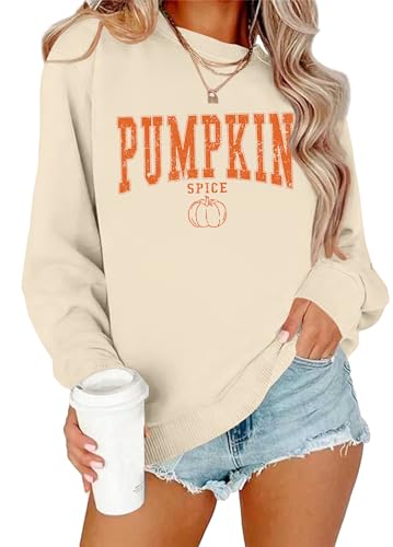 Zylkor Thanksgiving Pumpkin Sweatshirts Womens Pumpkin Letter Graphic Sweater Fall Thankful Long Sleeve Pullover Tops Beige