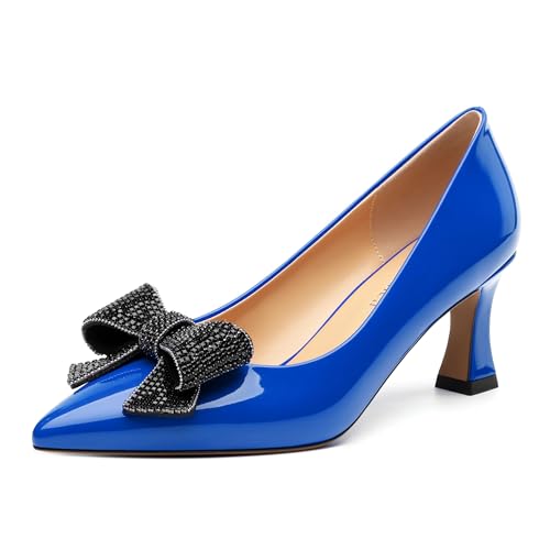 Image of Heels for Women Closed Patent Pointed Toe Bow Pumps Slip on Kitten Low Heels Wedding Party Dress Office Shoes 2.5Inch