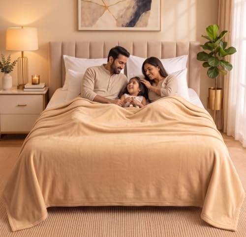 Image of HOMEKART 300 TC All Season Solid /Plain Lightweight Polar Fleece Double Bed Blanket (230 x 230 cm), Light Beige