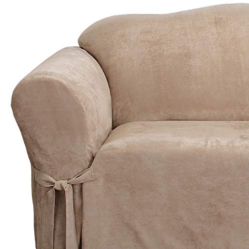 Sure Fit Soft Suede Box Cushion Loveseat One Piece Slipcover, Relaxed Fit, Polyester, Machine Washable, Taupe Color #TOP2