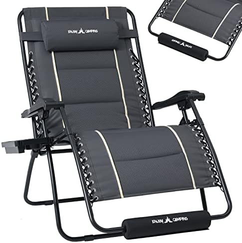 UDPATIO Zero Gravity Chair 33In Oversized XXL Patio Anti Gravity Chairs Outdoor Lounge Folding Adjustable Recliner with Cup Holder, Foot Rest & Padded Headrest,Grey Support 500lbs