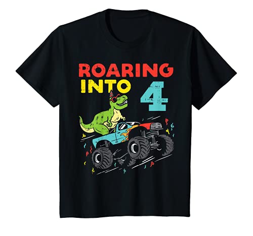 Niños Roaring 4 Trex Dinosaur Monster Truck 4th Birthday Boys Gift Camiseta