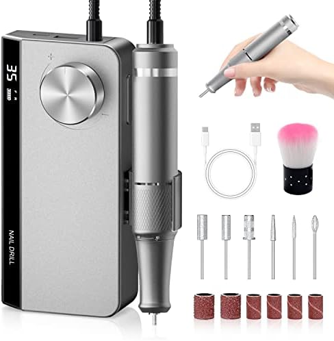 Professional Nail Drill Machine 35000 RPM, Portable Rechargeable Electric Nail E File Machine for Acrylic Nails Gel Polishing Removing, Cordless Nail Drill for Home Salon