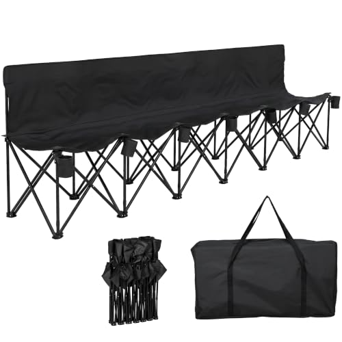 Image of Outsunny 6 Seater Folding Bench, Outdoor Camping Chair Portable Sports Spectator Chair with Metal Frame, Cup Holder & Carry Bag, Black