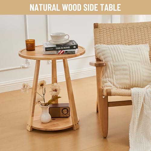 Image of Uniclinens Wood Round End Table - Small Round Side Table with Lower Shelf for Living Room Sofa Couch, Bedroom Wooden Nightstand, Walnut