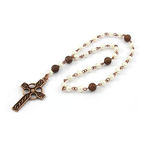 Anglican Prayer Beads with Cream Pearls and Celtic Cross in Antique Copper, Anglican Rosary, Pearl Prayer Beads, Custom Rosary Cover