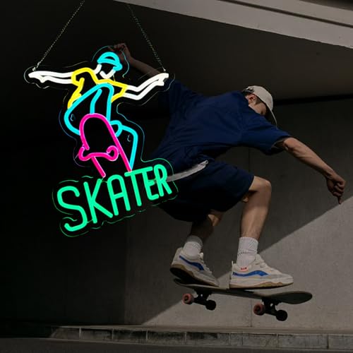 Image of Skater Neon Sign Skateboard Neon Sign for wall decor Gifts for Birthday Kids Room Art Decor(15.8x12.6 Inch)