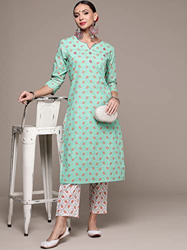 Image of anubhutee Women's Turquoise Handwork Printed Kurta Set with Trousers