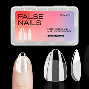 Almond Fake Nail Tips - 216Pcs Pre-Shaped Almond Gelly Tips for Full Cover Acrylic Nail Extensions, French Style, 12 Sizes - Perfect for DIY Salon or Professional Use