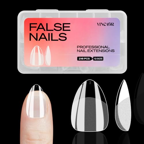 Almond Fake Nail Tips - 216Pcs Pre-Shaped Almond Gelly Tips for Full Cover Acrylic Nail Extensions, French Style, 12 Sizes - Perfect for DIY Salon or Professional Use
