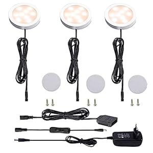 AIBOO LED Lampe Sous Meuble Cuisine, Rond Ultra Slim Eclairage Encastré pour Placard, Contrer, L’armoire, Étagère, Prise Européenne, 3 Paquets Lumières LED pour vitrine 12V 6W (Blanc Chaude2700K)