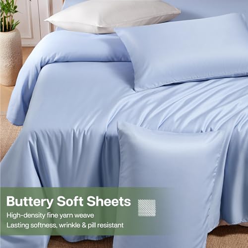 MR&HM Queen Sheet Set, 4-Piece Cooling Sheets, Rayon Derived from Bamboo & Polyester Blend, Soft & Silky, 15" Deep Pockets with Elastic Straps, Hotel Luxury for Hot Sleepers, Light Blue