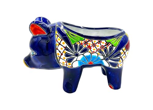 Cactus-Canyon-Ceramics-PUERCUITO-Pig-Mexican-Talavera-Planter-Pot-5-D-x-13-W-x-9-H-Hand-Painted-Dark-Blue-Trim-Mexican-Decor-Planter-Piglet