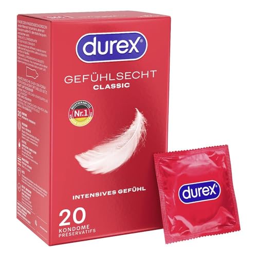 Durex Gefühlsecht Classic Kondome – Dünne Kondome mit anatomischer Easy-On-Form & mit Silikongleitgel befeuchtet – 20er Pack (1 x 20 Stück)