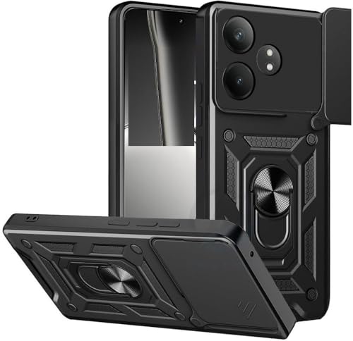 Image of SPAZY CASE Realme GT 7 Back Cover | Heavy Duty Hybrid Case with 360 Degree Rotating Finger Ring Holder + Slider Shutter Camera Protection Case for Realme GT 7 - Black