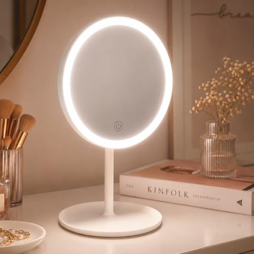 Espelho de Maquiagem LED com Touch Screen, Portátil, Recarregável via USB-C, Redondo, Branco, com Base Organizadora para Viagem, Barbear - Qualidade Premium