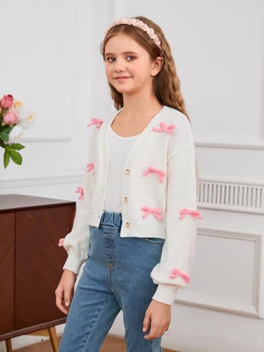 MakeMeChic Girl's Cute Cardigan 3D Bow Long Sleeve V Neck Button Down Cardigan Sweater Knitted Outerwear 8-12 Years4