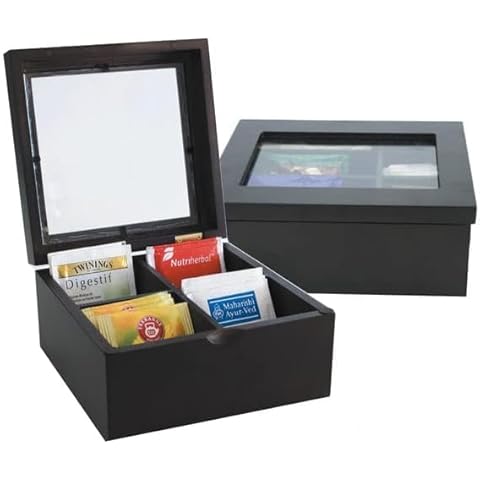 PresenceHHH Wood Tea Chest - Durable & Luxury Wooden Tea Storage Box with 4 Compartments & Glass Lid - Sturdy Tea Containers for Tea Bags & Home Decor – (Black - 18x18x8cm) Cover
