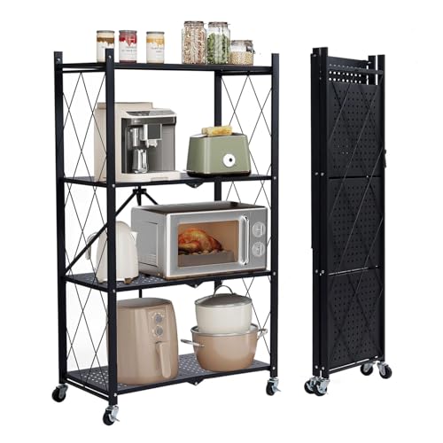 Estante de almacenamiento plegable de 4 niveles con ruedas, estantería de metal resistente para cocina, garaje, lavandería y baño, estante de gran capacidad (negro)