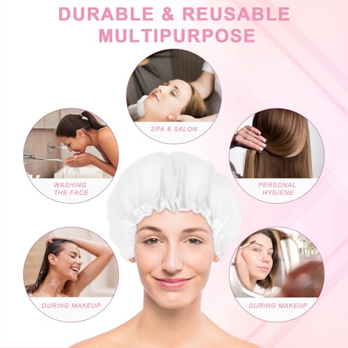 Reusable Shower Caps for Women, Terry Cloth Lined Shower Cap Double Layer Reusable Bath Cap Waterproof Elastic Band Hair Cap for All Hair Lengths for Women Spa Home Salon Use(White)