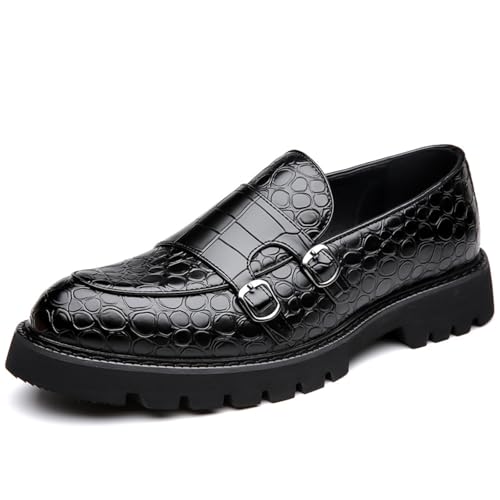 Men's Leather Printed Dress Loafers Retro Round Toe Double Buckle Lug Sole Non-Slip Slip-On Wedding Business Formal Shoes Casual Fashion Work Shoes