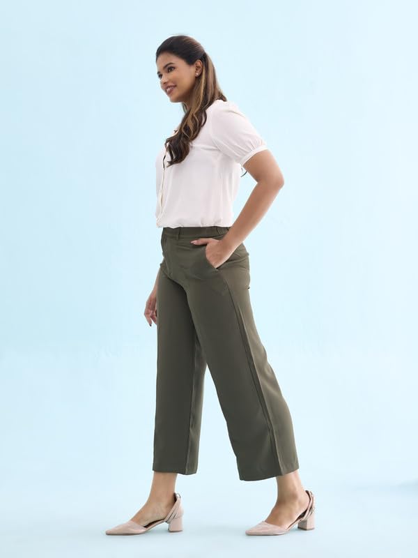 Image of GO COLORS Poly Spandex Crepe Wide Pants Full Length for Women| Lightweight, Mid Rise, Side Pockets