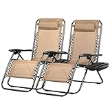 Nazhura Set of 2 Relaxing Recliners Patio Chairs Adjustable Steel Mesh Zero Gravity Lounge Chair Beach Chairs with Pillow and Cup Holder Khaki (Kahki)
