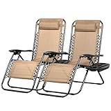 Nazhura Set of 2 Relaxing Recliners Patio Chairs Adjustable Steel Mesh Zero Gravity Lounge Chair Recliners with Pillow and Cup Holder (Kahki)